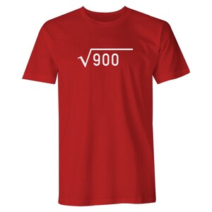 May include: Red short-sleeved t-shirt with a white square root symbol and the number 900 inside.