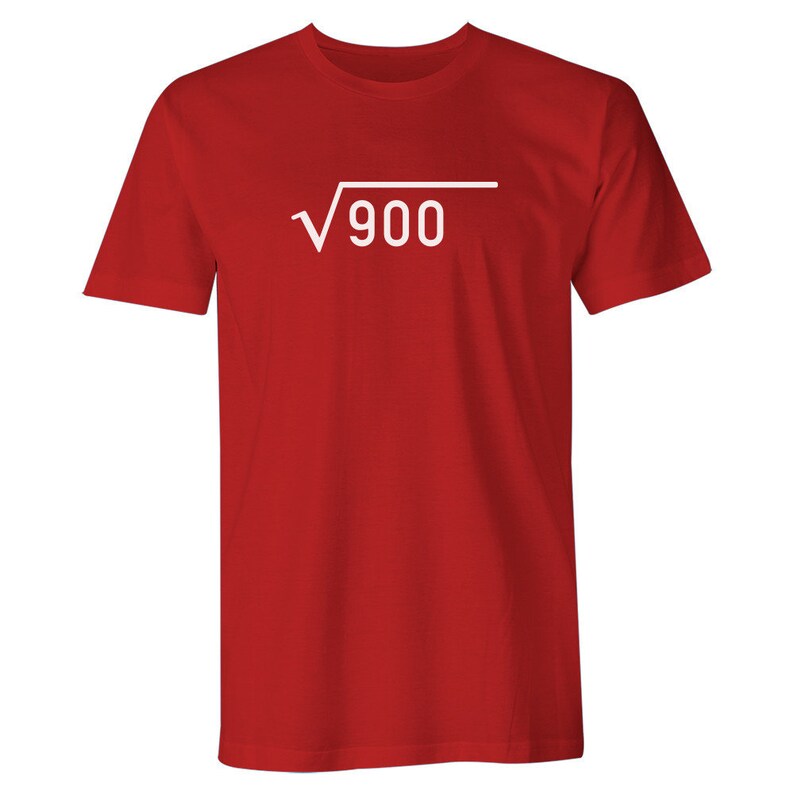 May include: Red short-sleeved t-shirt with a white square root symbol and the number 900 inside.