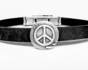 PEACE/Give It A Chance,  LifeLinks Bracelets By Link Wachler. Sterling Silver On Rubber Bracelet. Symbolic, Spiritual, Inspirational.