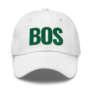 May include: White baseball cap with a green embroidered "BOS" logo.
