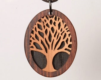 The Yggdrasil tree pendant. Wooden jewellery with yew wood. Natural colours. Wearable art. No laser!