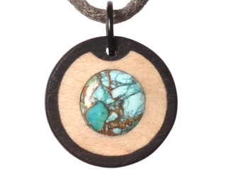 Chrysocolla necklace. Pendant with ebony and maple wood. No laser jewelry.