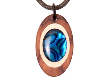 Mother of pearl Wood Pendant. Eye-catching gift idea. Made of noblewoods maple and bubinga. No laser!