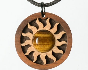 Tiger eye necklace. Wooden jewelry. Selectable lenght. Handicraft from Germany. No laser!
