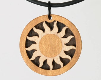 Sun Wooden pendant jewelry. Creative arts and crafts. No laser jewelry! Natural colors. Lovely present for lady or girl.