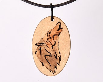 Howling Wolf pendant. Necklace. Fine fretsaw work. No laser. Intarsia veneer work. Wooden jewelry.