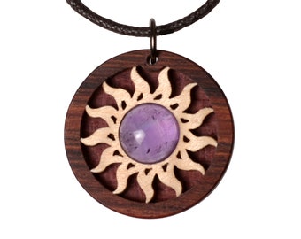 Amethyst pendant with maple wood and bubinga. Precious wood wooden jewelry. Intarsia work. No laser!