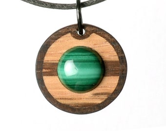 Malachite wooden jewelry. Walnut burl, zebrano wood. Selectable necklace. Natural colours.