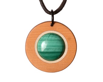 Real malachite in precious wood. Jewelry pendant. Size and necklace length can be selected. Small series. Handmade in Germany. Natural jewelry.