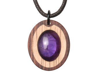 Amethyst precious wood jewelry with zebrano and bubinga. Selectable necklace length. Creative crafts from Germany.