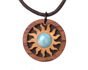 Larimar precious wood jewelry Atlantis stone. Selectable length of necklace. Small series. Creative craftsmanship from Germany. No laser jewelry.