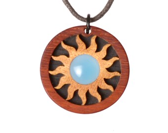 Blue agate. Wooden jewelry with necklace. Sunny statement in noblewood. No laser item.