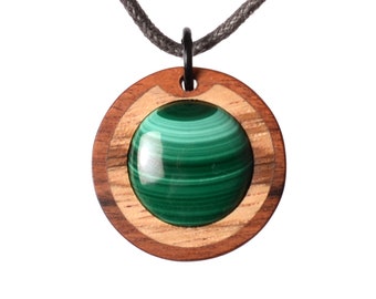 Malachite wooden necklace. Eye catchy jewelry. Zebrano noblewood. Handicrafts Germany.