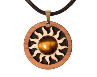 Tiger eye wooden jewelry. Pendant with yew and maple wood. Sunny eye-catcher for men and women. Creative things from Germany