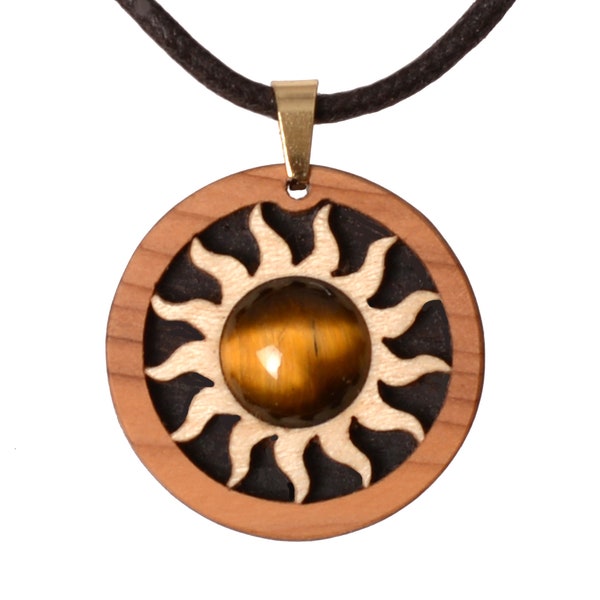 Tigerauge Holzschmuck. Anhänger mit Eiben- und Ahornholz. Sonniger Hingucker für Damen und Herren. Kreatives aus Deutschland