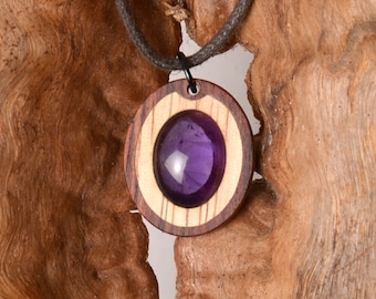 Amethyst precious wood jewelry. Zebrano wood and Bubinga. Selectable necklace length. Creative craftsmanship from Germany.