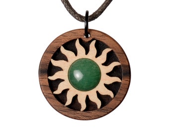 Aventurine Necklace Wooden Jewelry. Sunny eye catcher. Creative handicraft from Germany. Intarsia.
