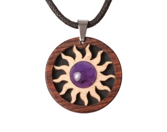 Amethyst pendant. Precious wood jewelry with maple and bubinga. Selectable necklace length. Handicrafts from Germany. Not a laser item!