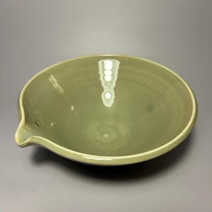May include: A light green ceramic bowl with a pouring spout. The bowl has a slightly textured surface and a dark rim.