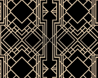 May include: A black and gold geometric pattern with repeating squares and lines. The pattern is symmetrical and has a modern art deco style.