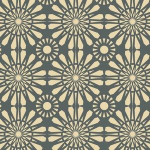 Puede incluir: Un patrón sin costuras con un diseño geométrico que presenta un patrón repetitivo de estrellas beige sobre un fondo gris oscuro.