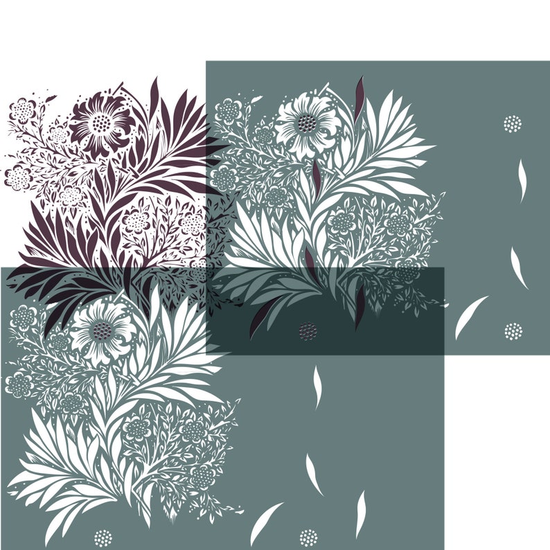 May include: A white floral design on a teal background. The design features stylized flowers and leaves. The flowers are white with a dark purple center. The leaves are white with a dark purple outline.