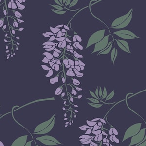 May include: A repeating pattern of wisteria flowers and foliage. The wisteria blooms are a pale lavender, and the leaves are a muted green. The background is a dark navy blue, providing a contrasting backdrop for the floral design.