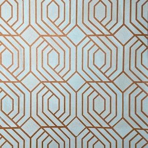 May include: Geometric pattern wallpaper featuring a repeating design of interconnected, copper-colored lines on a light blue background. The pattern consists of octagons and diamond shapes, creating a modern, symmetrical design.