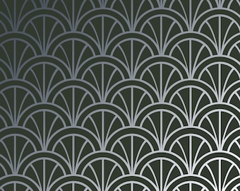 May include: A seamless pattern of overlapping silver-colored half-circles on a dark green background. The pattern creates a geometric design with a subtle gradient effect.