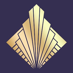Puede incluir: Un diseño geométrico dorado con forma de abanico, que recuerda al estilo Art Déco. El diseño está sobre un fondo azul oscuro.