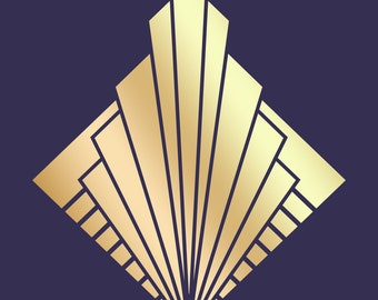 Puede incluir: Un diseño geométrico dorado con forma de abanico, que recuerda al estilo Art Déco. El diseño está sobre un fondo azul oscuro.