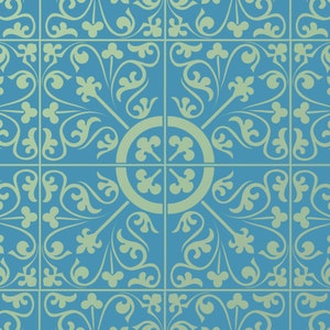 May include: A seamless pattern with a repeating design of stylised green leaves and flowers on a blue background.