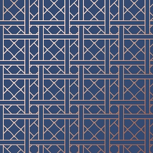 May include: A seamless pattern with a geometric design. The pattern features a series of overlapping squares and diamonds in a rose gold colour on a navy blue background.