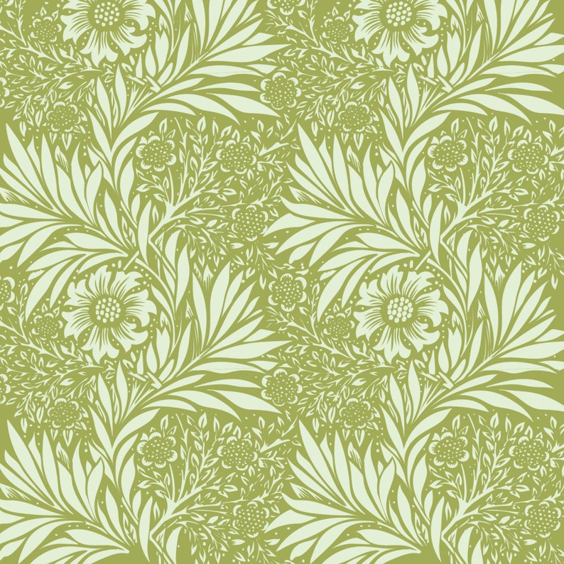 May include: A seamless pattern featuring a repeating design of stylized white flowers and leaves on a green background.