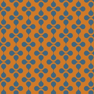 Puede incluir: Un patrón sin costuras con un diseño repetitivo de formas de lágrima azules conectadas por líneas curvas sobre un fondo naranja.