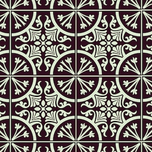 May include: A seamless pattern featuring a repeating design of stylised floral motifs in a light green colour on a dark purple background.