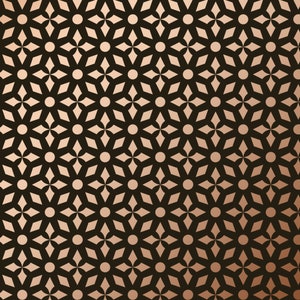 Pode incluir: Um padrão sem costura com um design geométrico repetitivo. O padrão apresenta uma série de diamantes e círculos sobrepostos em cobre sobre um fundo preto.