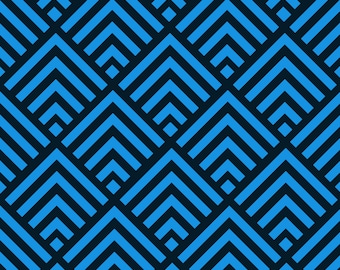 May include: A seamless pattern of blue and black geometric shapes. The pattern is made up of overlapping triangles and squares.