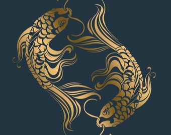 Puede incluir: Dos peces koi dorados nadando en círculo sobre un fondo azul oscuro. Los peces están estilizados y tienen detalles intrincados.