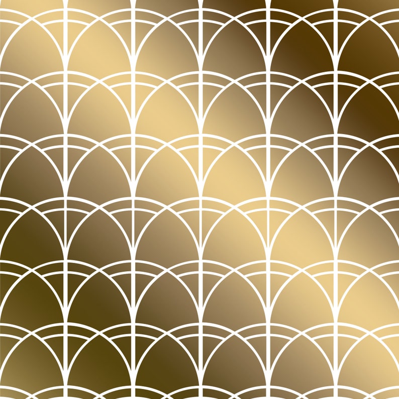 May include: A seamless pattern of white overlapping arches on a gradient background that transitions from a light gold to a dark brown.