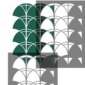 May include: A repeating pattern of overlapping teal green and white semi-circles. The pattern is made up of a series of arcs that create a fish scale effect.