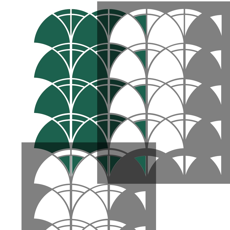 May include: A repeating pattern of overlapping teal green and white semi-circles. The pattern is made up of a series of arcs that create a fish scale effect.