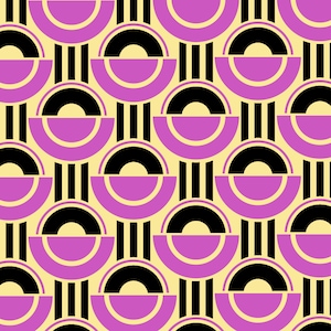 May include: A seamless pattern featuring a repeating geometric design of black and white vertical stripes, black semi-circles, and pink semi-circles on a pale yellow background.