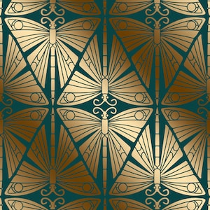 May include: A repeating pattern of gold dragonflies on a teal background. The dragonflies are in a geometric design, each within a triangle. The wings and bodies are detailed with lines and curves. The design is reminiscent of Art Deco style.