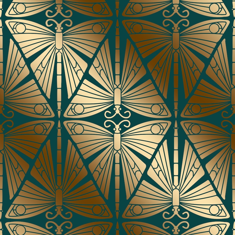 May include: A repeating pattern featuring stylized gold dragonflies on a teal background. The dragonflies are arranged in a geometric design, with each insect enclosed within a triangle. The wings and bodies are detailed with lines and curves.