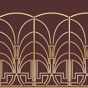 May include: A gold geometric pattern on a dark brown background. The pattern is made up of repeating arches and lines.