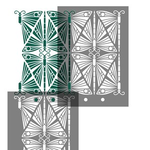 May include: A repeating pattern of stylized butterflies in white and dark teal green. The butterflies have detailed wing designs and are arranged in a symmetrical layout. The background is a neutral gray.