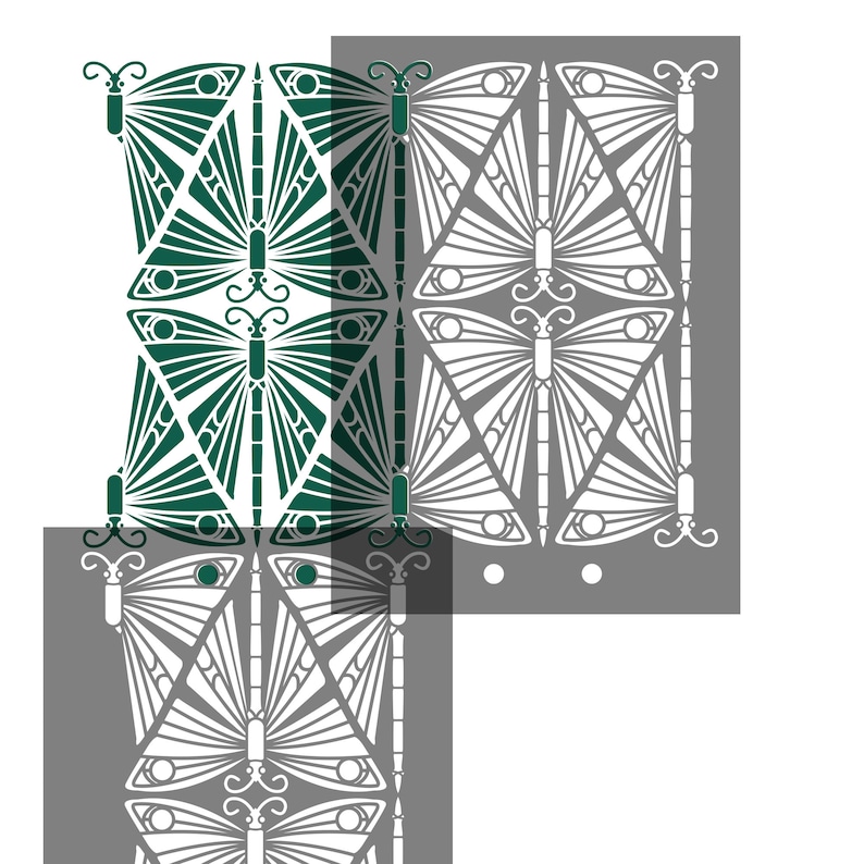 May include: A repeating pattern of stylized butterflies in white and dark teal green. The butterflies have detailed wing designs and are arranged in a symmetrical layout. The background is a neutral gray.