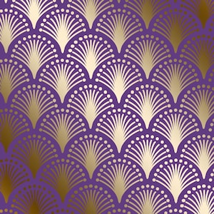 May include: A seamless pattern featuring gold stylized fan shapes on a purple background. The fan shapes are made up of small circles and lines, creating a geometric and elegant design.