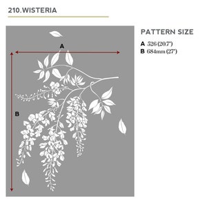 Pu&ograve; includere: Una silhouette bianca di una vite di glicine con fiori e foglie su uno sfondo grigio. La dimensione del motivo &egrave; di 526 mm di larghezza e 684 mm di altezza.